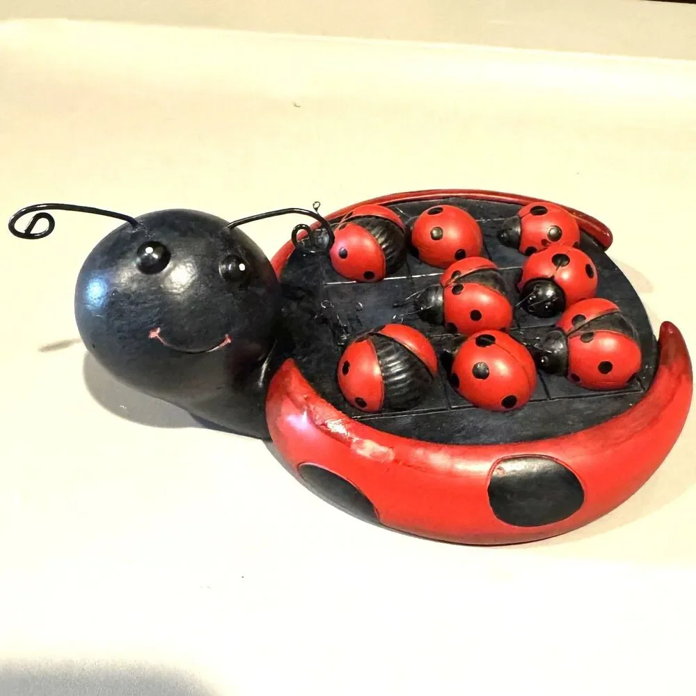 Vintage Ladybug Tic Tac Toe Wooden Game Board Red Black Whimsical Home Decor